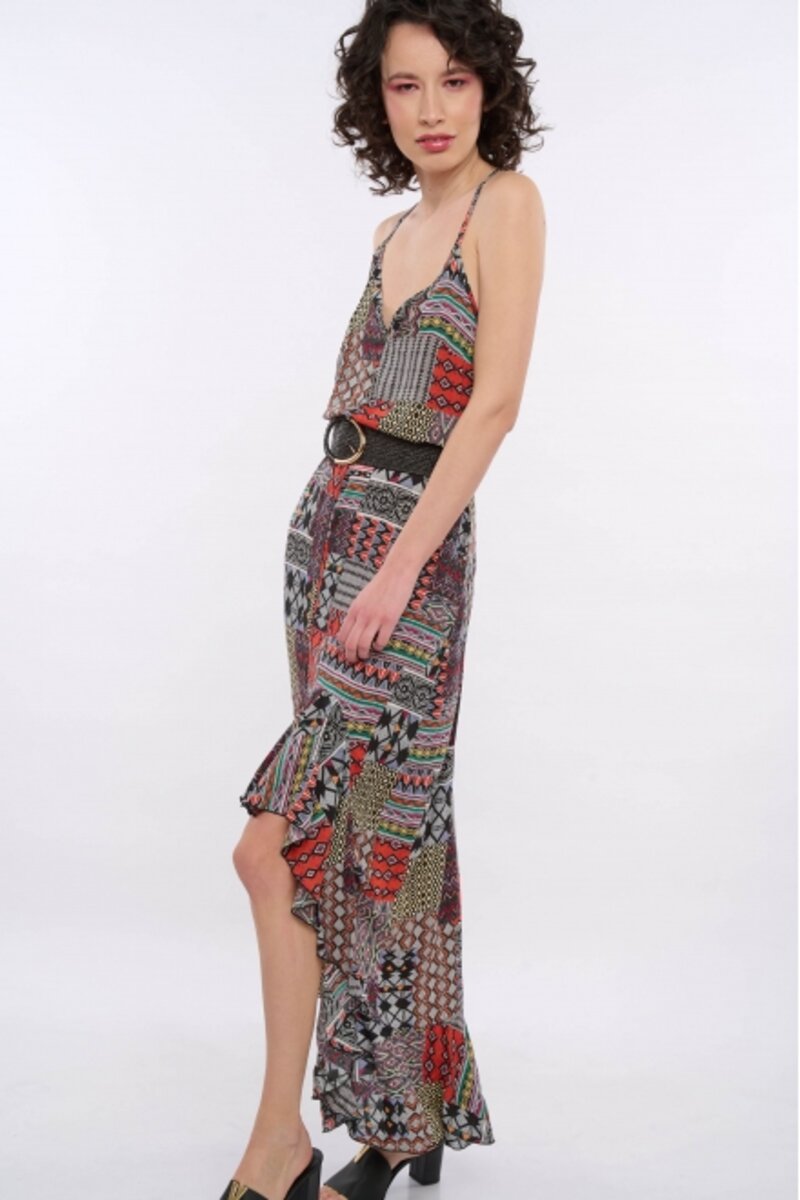 MAXI DRESS WITH COLORFUL DESIGN AND SUSPENDERS