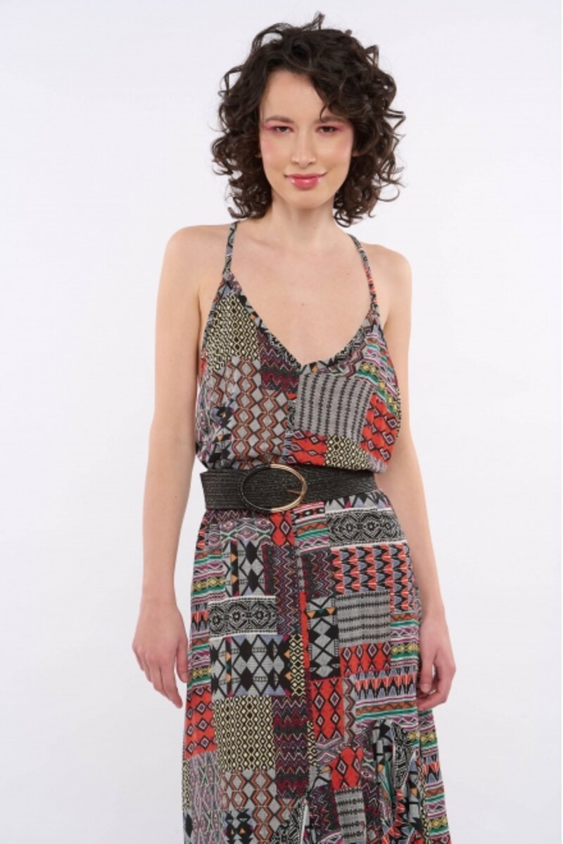 MAXI DRESS WITH COLORFUL DESIGN AND SUSPENDERS