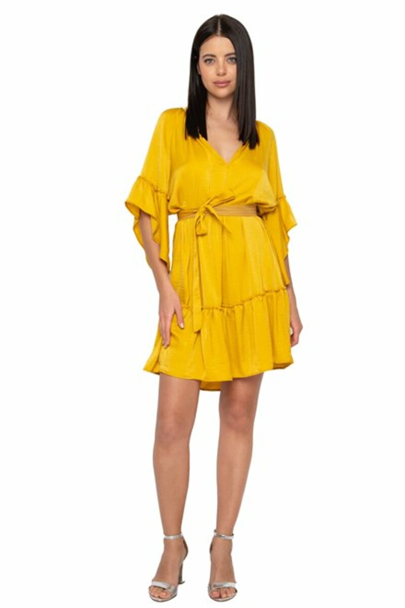 MINI DRESS WITH V DECOLLETAGE, RUFFLES AND SHORT SLEEVES