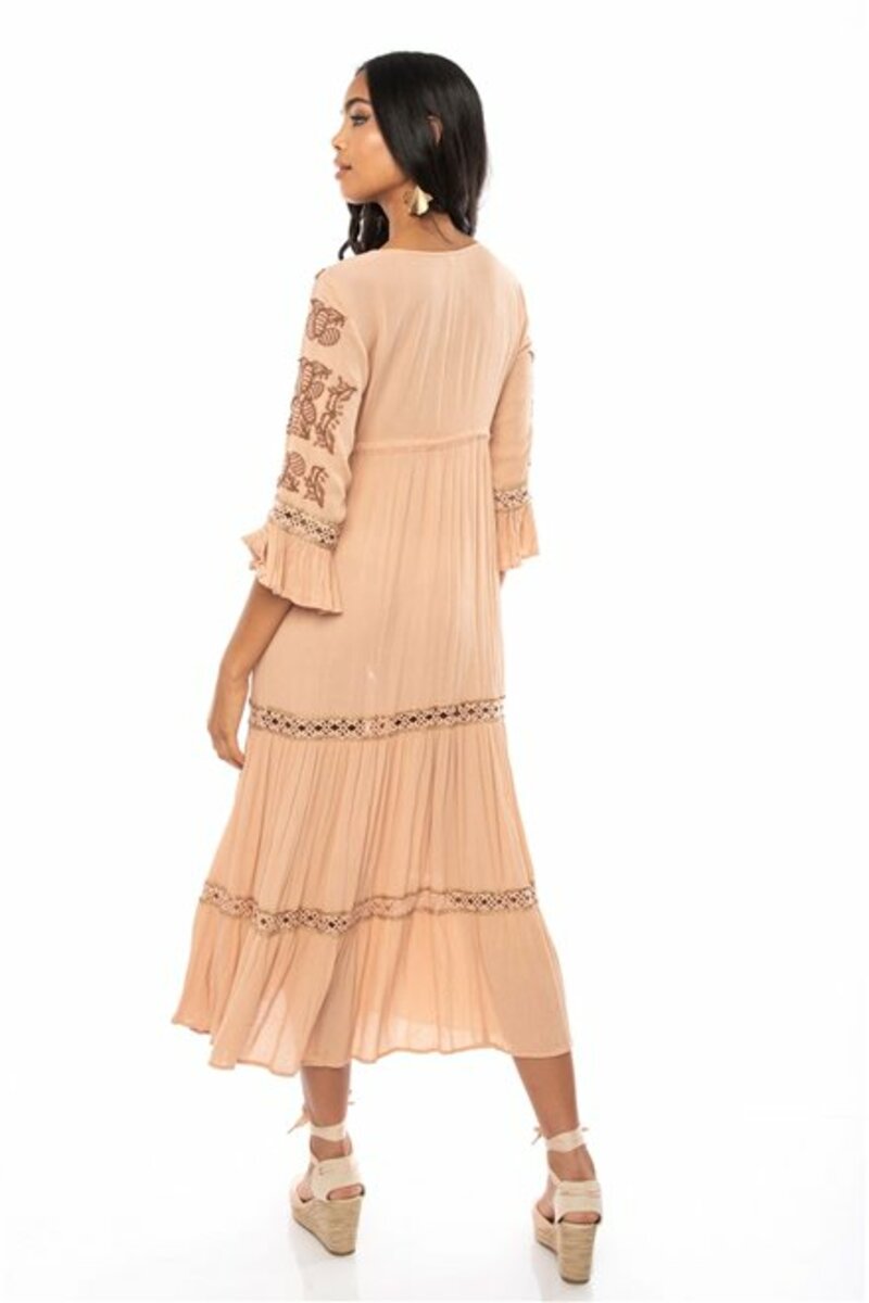 LONG EMBROIDERED DRESS WITH V-NECK
