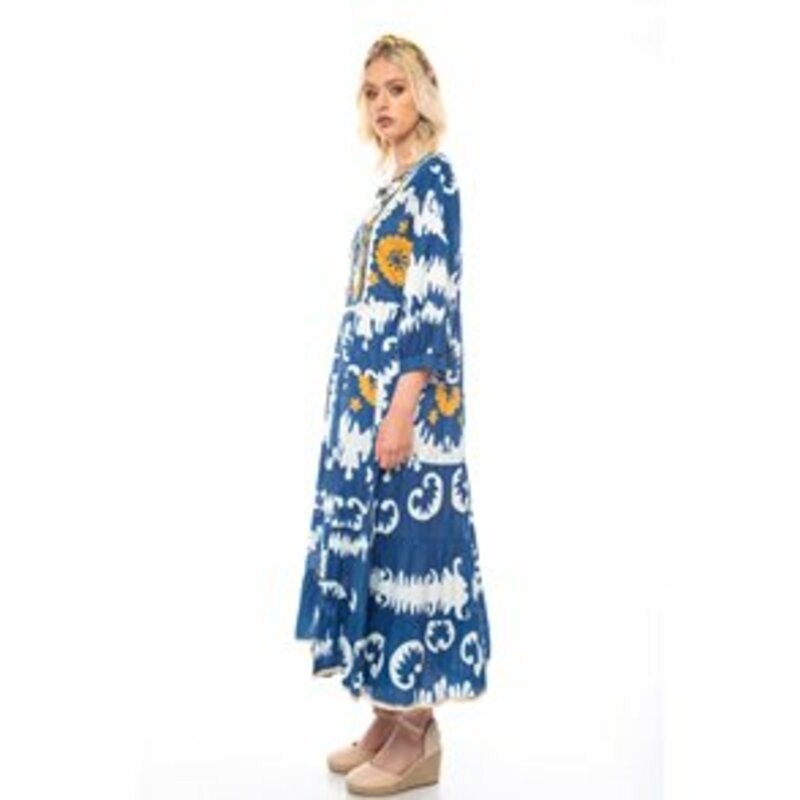 PRINTED EMBROIDERED DRESS WITH FRONT BUTTON CLOSURE