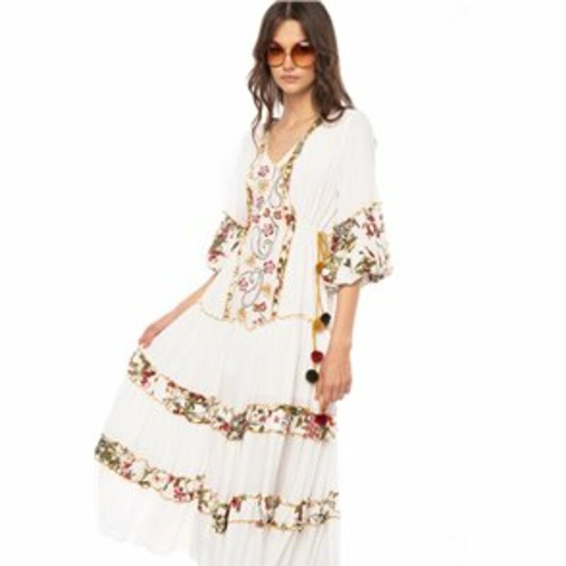 PRINTED EMBROIDERED DRESS WITH V-NECK