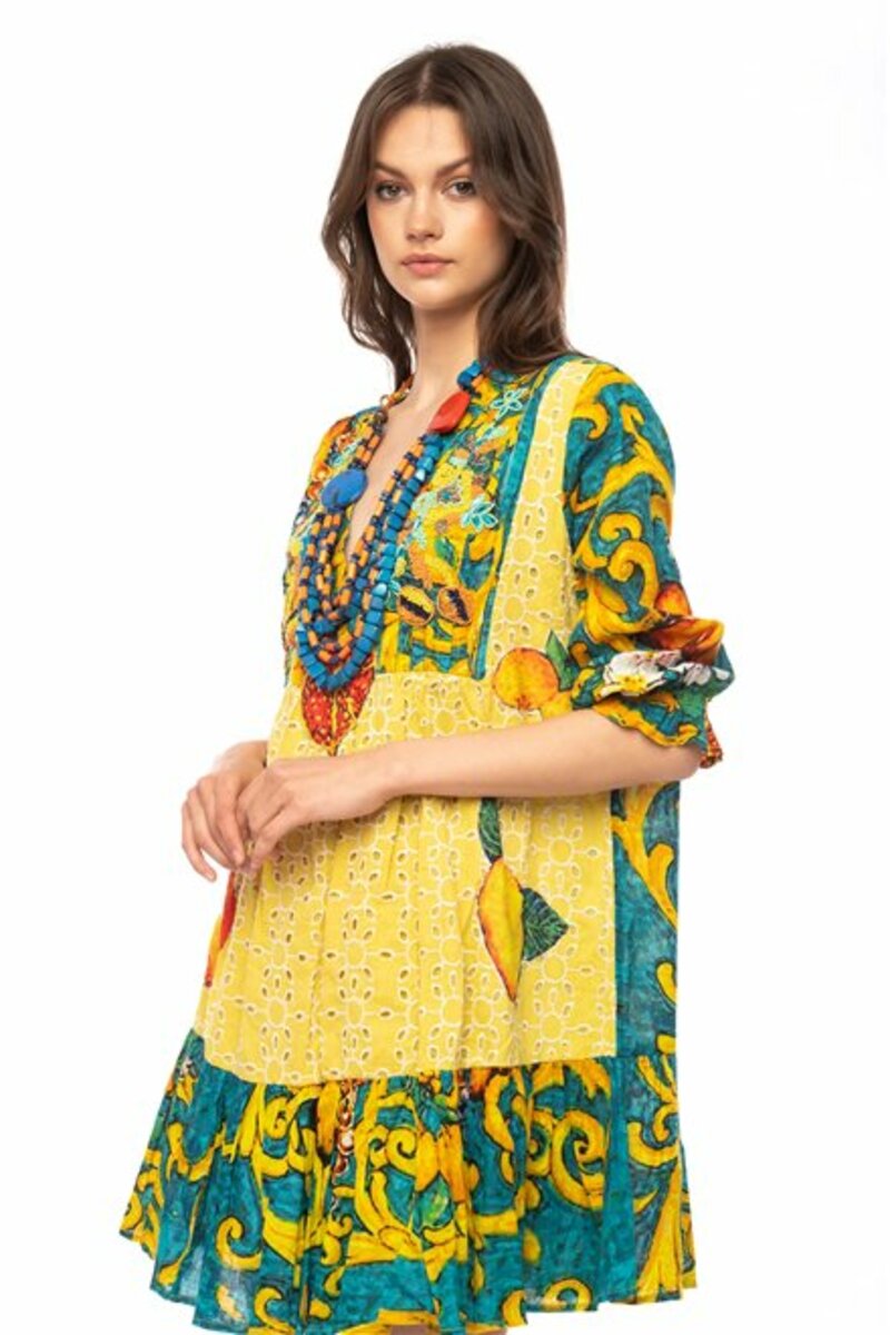 PRINTED EMBROIDERED DRESS WITH LONG SLEEVES
