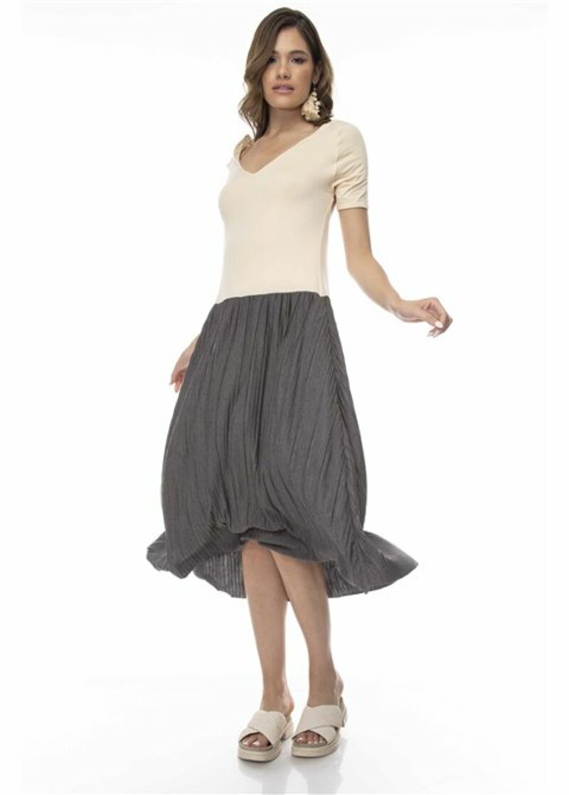 Two-tone dress with pleated skirt and outside the back