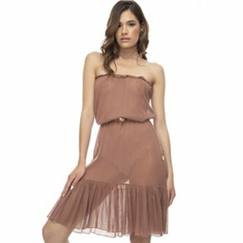 Transparent mini strapless dress with ruffles on the bottom