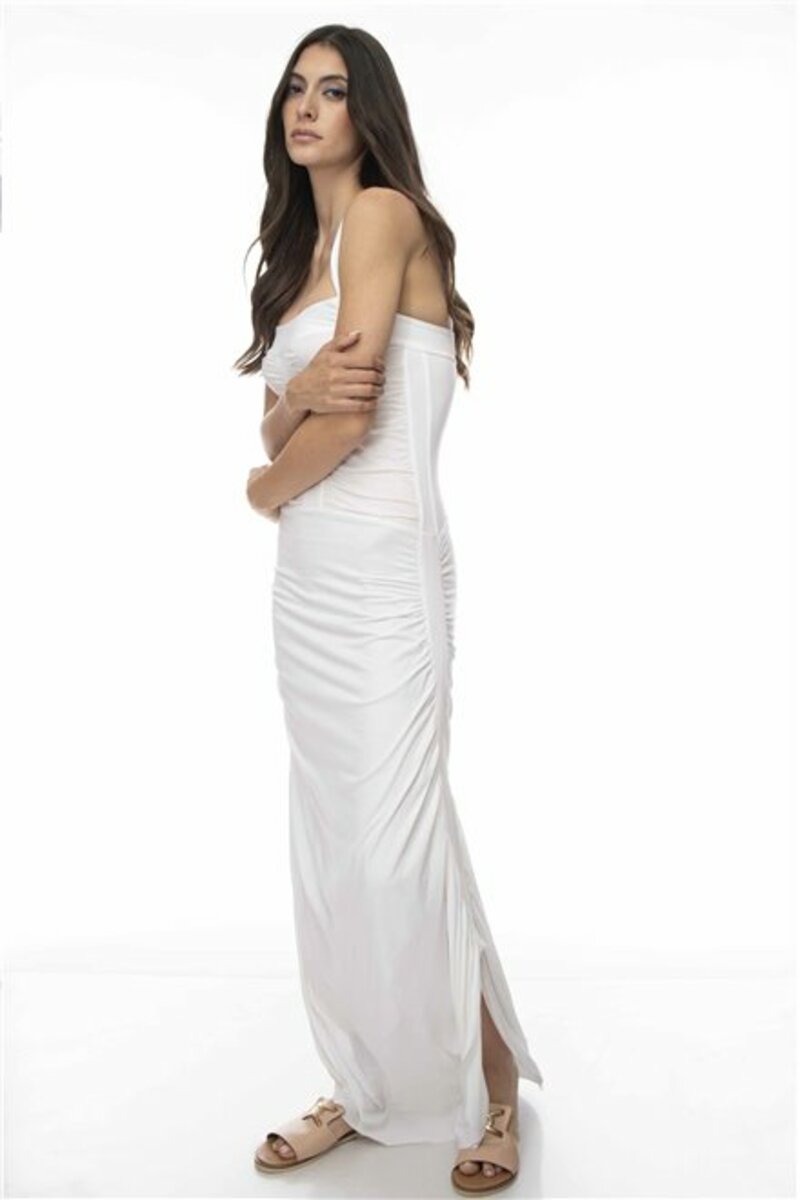 Maxi dress with frills and slit at the bottom