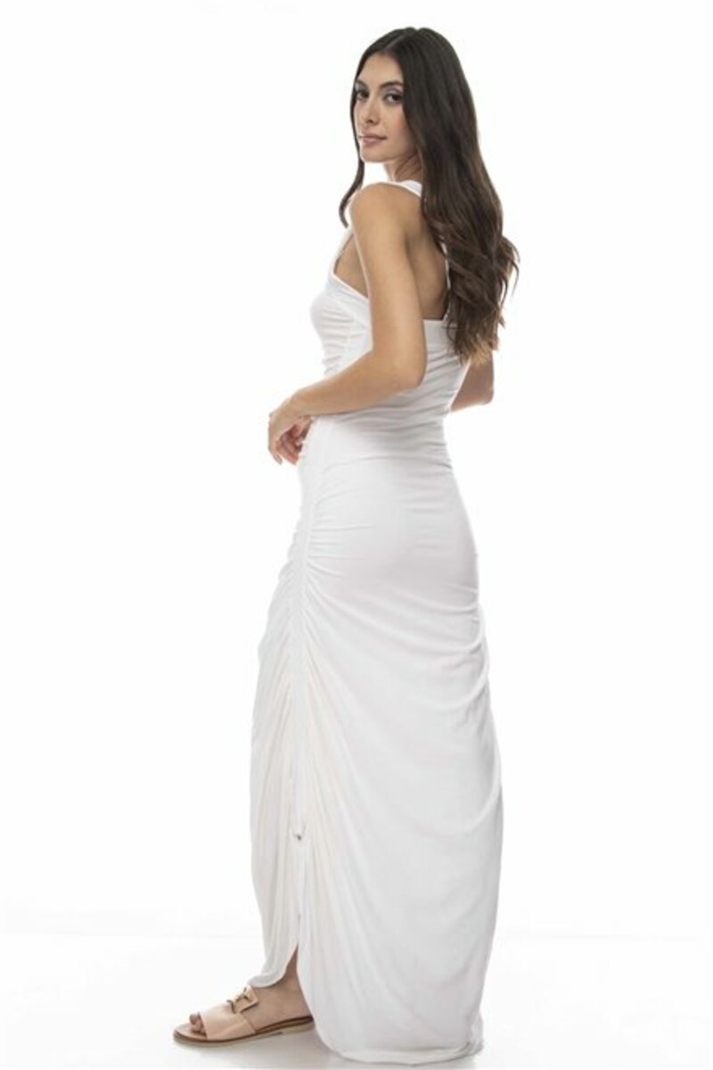 Maxi dress with frills and slit at the bottom