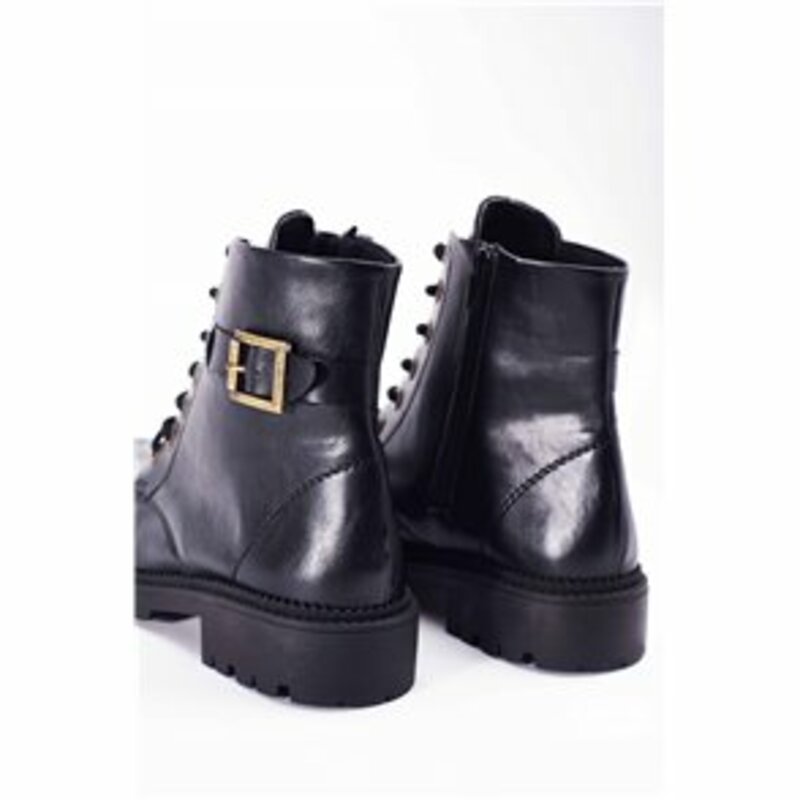 LEATHER FLAT ANKLE BOOTS WITH CORD AND GOLD BUCKLE HANDMADE GREEK CONSTRUCTION