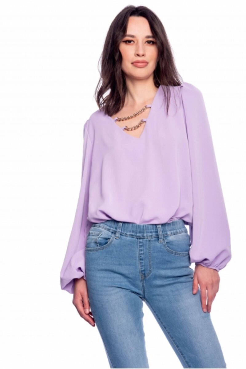 BLOUSE WITH JEWELRY ON THE CLEAVAGE AND LONG SLEEVE SOFT TEXTURE