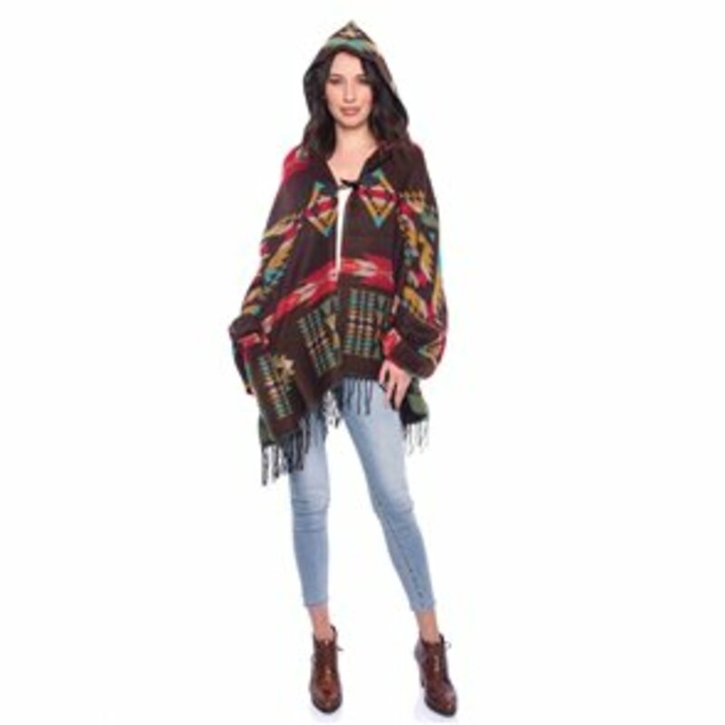 PONCHO WITH COLORFUL DESIGNS AND HOOD AND BUCKLE