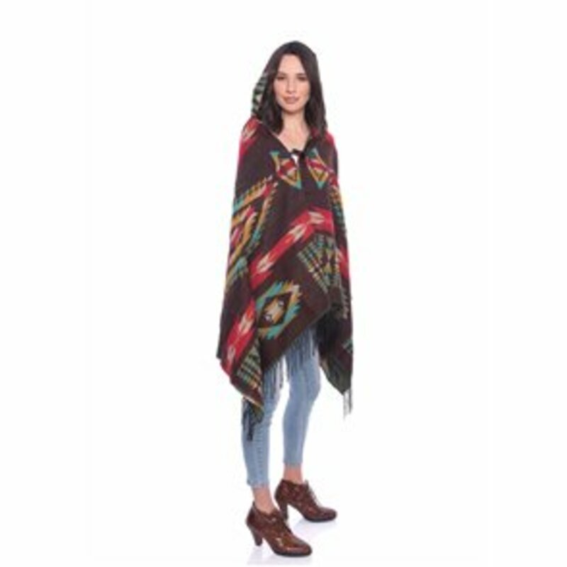 PONCHO WITH COLORFUL DESIGNS AND HOOD AND BUCKLE