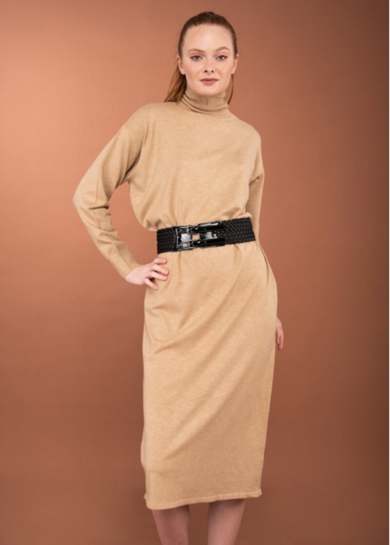 MIDI DRESS WITH HIGH-NECKED WIDE STYLE AND LONG SLEEVE AND POCKETS