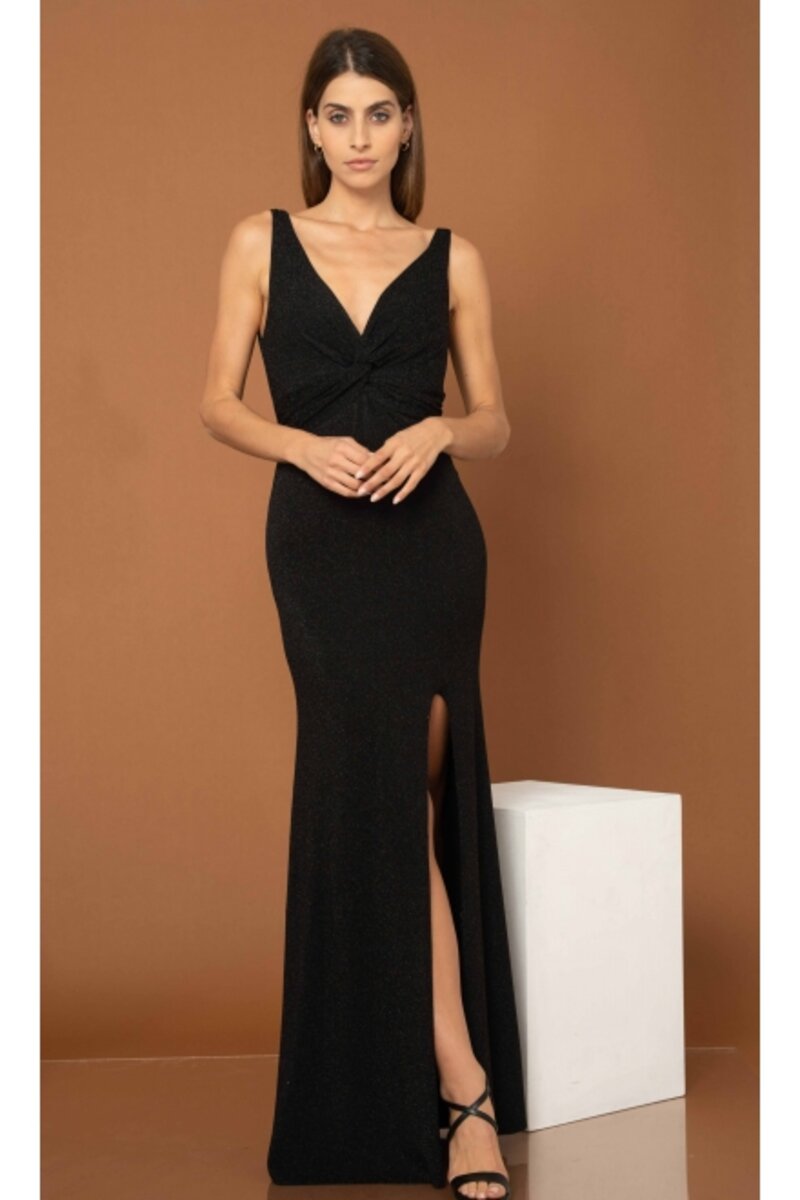 Long dress with glitter and knit in the decolletage