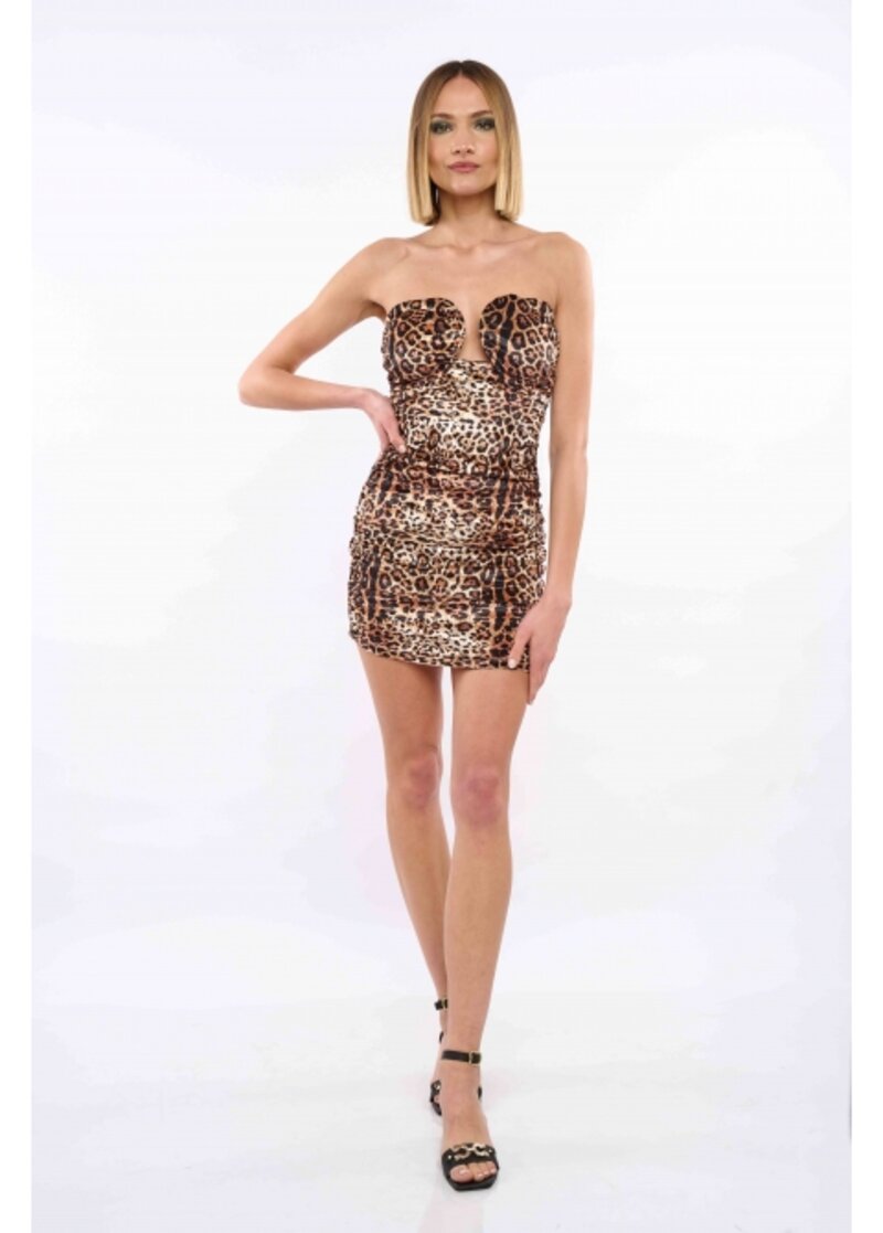 MINI DRESS WITH PRINT DESIGN AND OPENING ON THE DECOLLETAGE